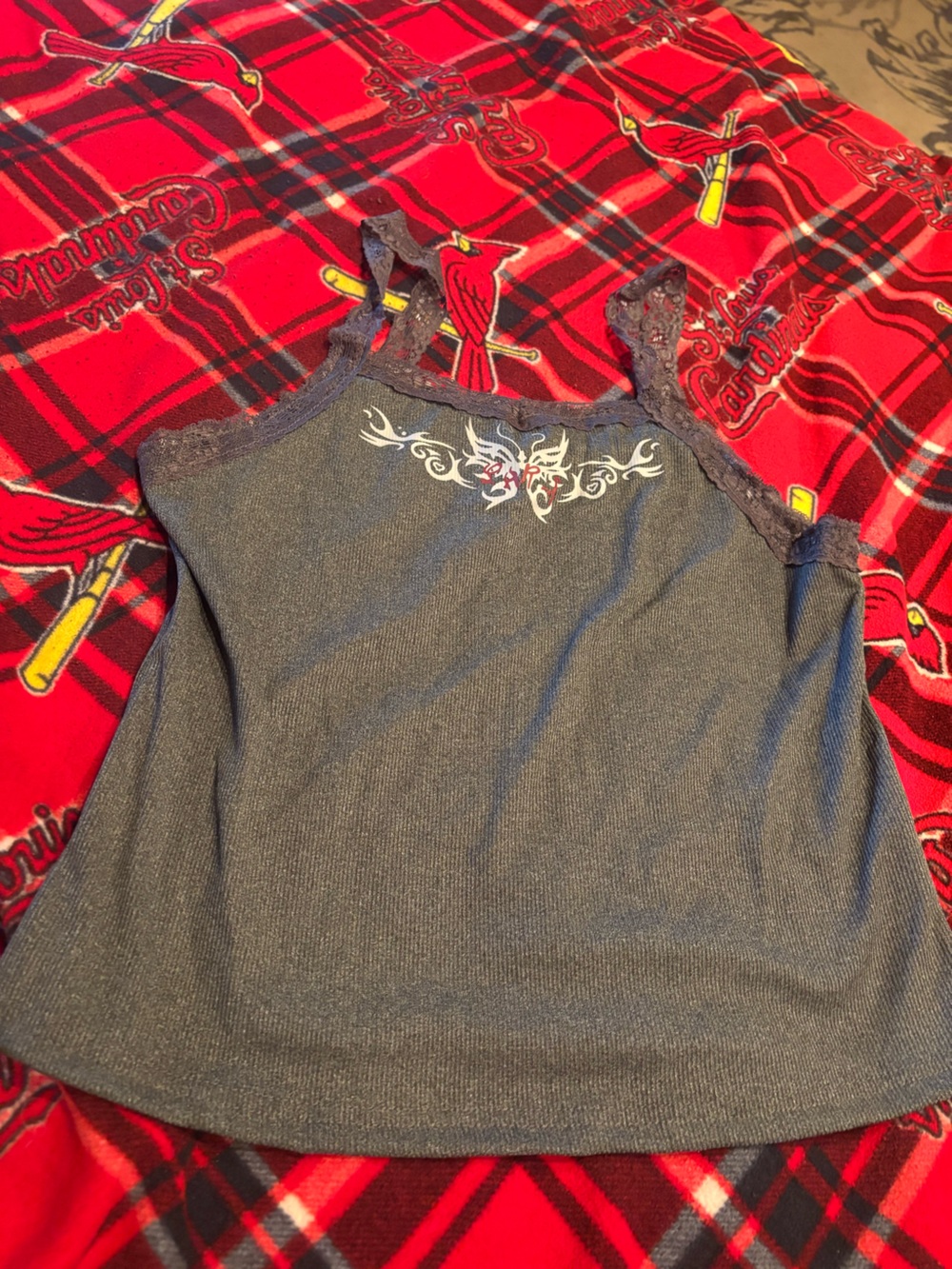Affliction Charcoal Gray Lace-Trim Camisole with Embroidered Chest Motif
